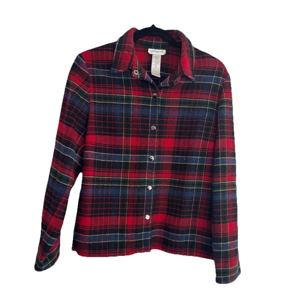 Jones New York Button Up Shirt Women's Medium Red Plaid‎ Wool Long Sleeve Snap